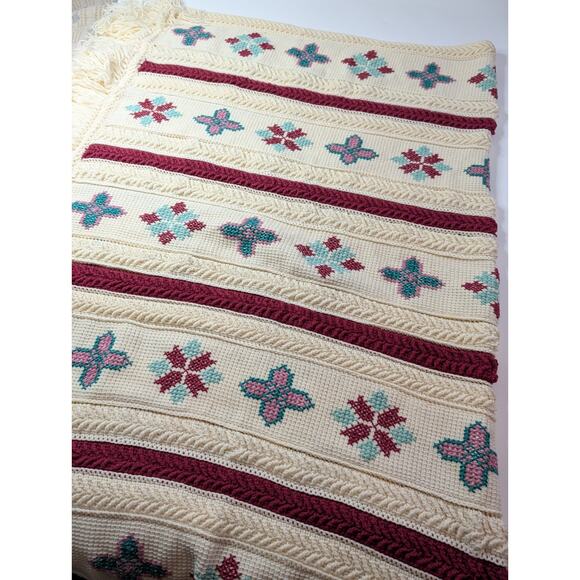 Vintage Crochet Afghan Blanket Southwestern Boho Fringe Throw 68" x 80" Cabin... - Picture 2 of 10